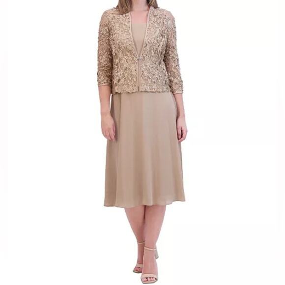 Jessica Howard Women's Soutache Jacket & Jewel-Neck Midi Dress Toffee Sz 6 - Picture 1 of 13